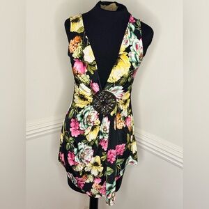 Floral V-Neck Sleeveless Tank with Embellished Center Medallion